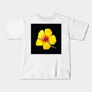 Yellow Hibiscus Flower with a black background Kids T-Shirt